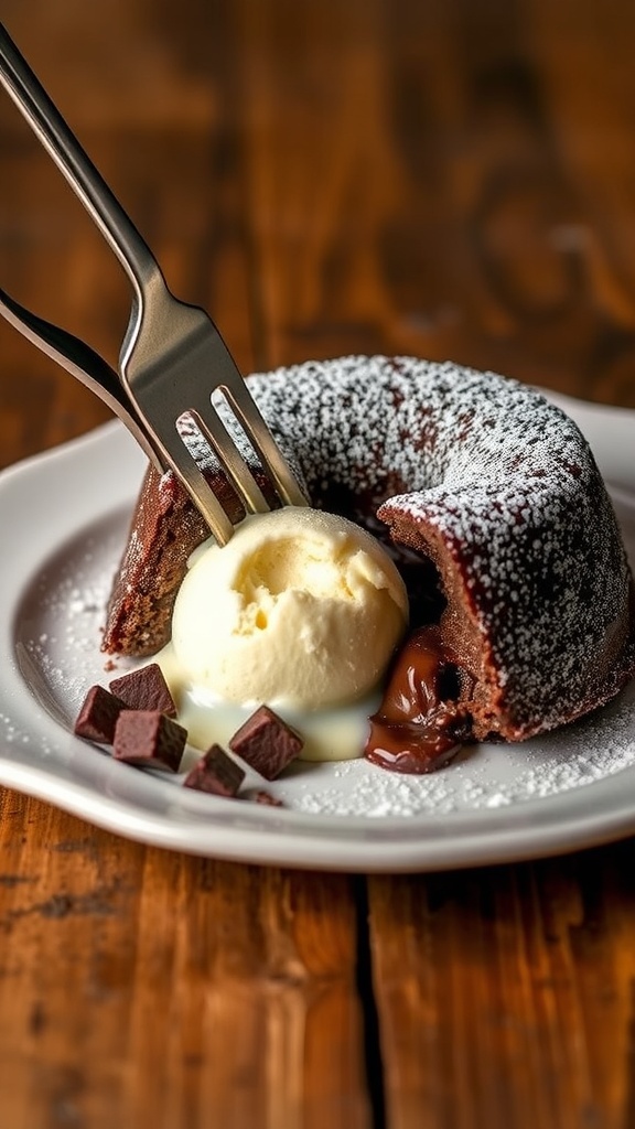 A chocolate lava cake with a gooey center, served with vanilla ice cream on a rustic table.